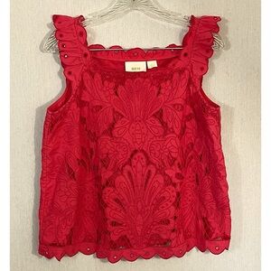 Anthropologie Coral Eyelet Lace Square neck Ruffle-Strap Sleeveless Top